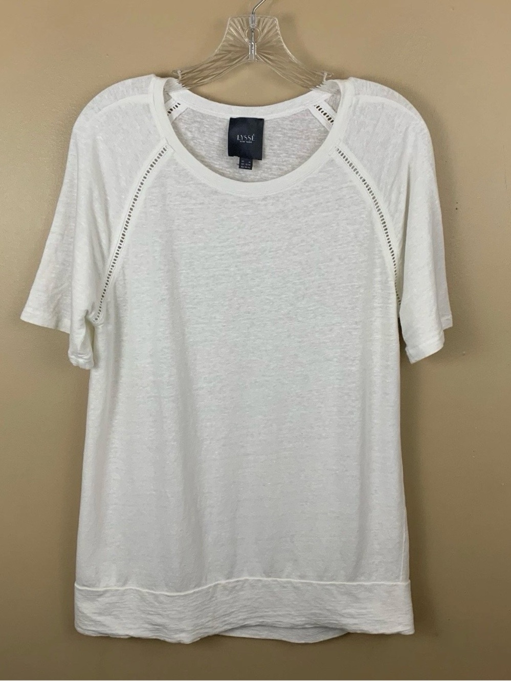 Lysse Top Womens Medium Ivory Linen Blend Cut Out Trim Casual Short Sleeve Shirt